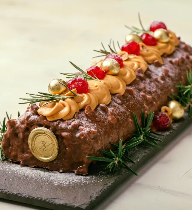 Bûche de Noël de chocolate coberta com crocante, rosetas de caramelo, bolinhas douradas e alecrim